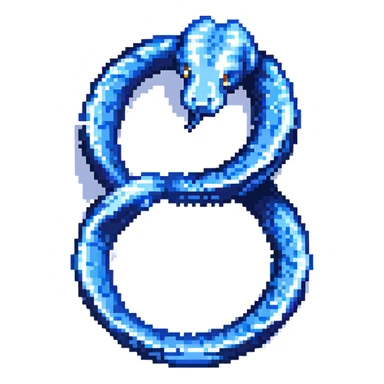 pixel art logo for Python, blue and yellow, with a snake forming an infinity symbol sticker