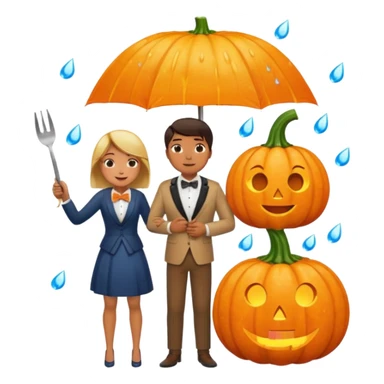 Make a guy hugging a giant pumpkin with a fork in his right hand while there's fire while there's a lady watching while it's raining while there's an umbrella on the ground that's alive and the sun has a bow tie on his neck sticker