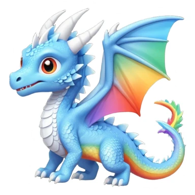 cute baby blue dragon with light blue body, big white wings, white horn, tail with white triangle tip, flying in side view, big eyes, small size, dragon ridge along back with small ridges in rainbow order: red, orange, yellow, green, blue, purple, ending at start of tail sticker