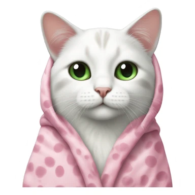 A white cat with big black spots and green eyes in a pink robe sticker