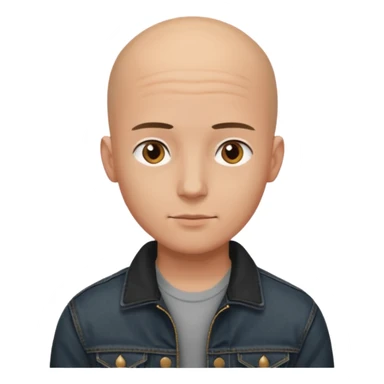  a young man with bald head, black jeans jacket, plain forehead sticker