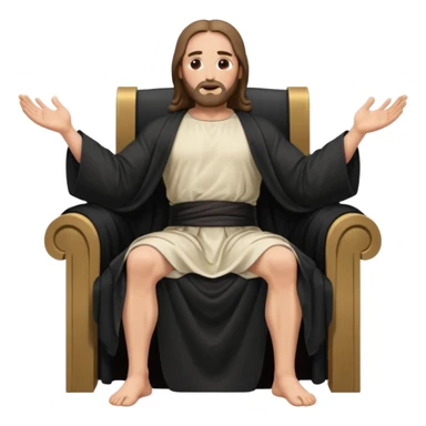 fullbody bald jesus christ jacked, sleeveless black robe sitting hands on armrests sticker