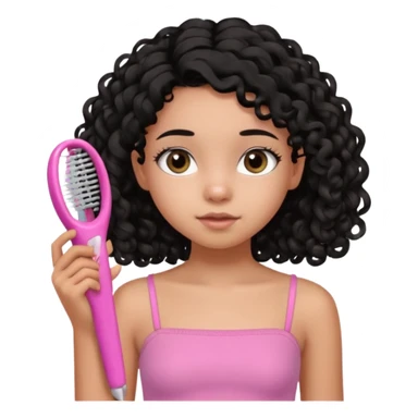 A black 12 yr old girl brushing her shoulder length hair, doe eyes, almond eyes pink tube top and black hair like the 3rd sticker