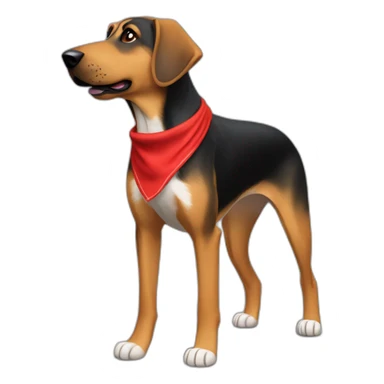 75% Coonhound 25% German Shepherd mix dog wearing small plain red bandana side view full body in profile left facing sticker