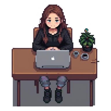 girl sitting at a desk with a MacBook, face partially hidden, cozy workspace, pixel art style sticker