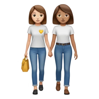 based on emoji style, two people walking together. one is brown-haired woman, wearing business casual,  Another one is a non-binary person, wearing t shirt and jeans, and the second person doesn't have anything on their hands. sticker