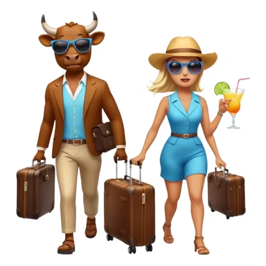 generate an emoji of a group of up to 8 male and female bulls travelling together on holidays. One bull has a suitcase, one has sunglasses, one is carrying a cocktail. They're all in motion, walking together. Make the characters look like bulls. They wear summer clothes. Suitcases are colourful sticker