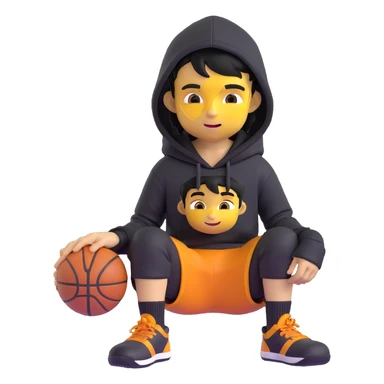 Remove any basketballs and remove his shoes, keep the boy kid sitting in a ring sitting pose, black hoodie with hood off, smirking, black crew socks, black messy hair, black basketball shorts, yellow skin, Microsoft 3D emoji style, with no background. sticker