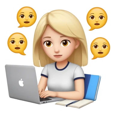 3D emoji style sticker, young woman, white background, slight exam stress, sitting with a laptop, IELTS practice test on the screen showing Overall 5.5, tired but determined expression, notebooks and papers around, soft lighting, minimal details, clean aesthetic, astrology style sticker