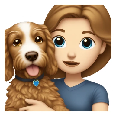 white girl with long, straight brown hair and blue eyes holding a golden doodle puppy  sticker