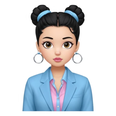 generate a pretty bratz girl with black hair tied up in a bun. wearing a light blue full sleeve shirt and a black blazer over it. silver small hoops, pink lipgloss.  sticker