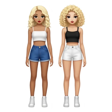 Full body of two teenage girls standing together, one white with straight blonde hair and one brown-skinned with curly black hair, both with heavy makeup, big lips, crop tops and choni style clothing sticker