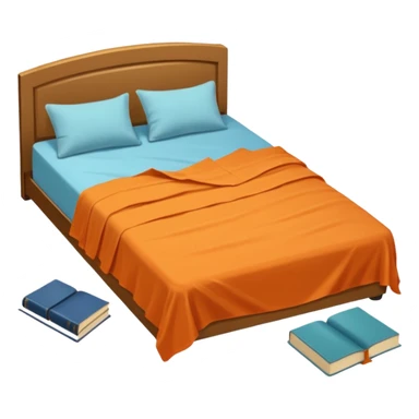 bed with a wrinkled light blue blanket, cream mattress, and one pillow out of place on the floor. Around the bed, scattered items include an orange t-shirt, greenish-blue pants, and an open book on the floor. The background is transparent sticker