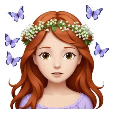Woman with long flowing auburn hair wearing a flower crown with pale lavender flowers and white baby's breath in it and butterflies flying around it sticker