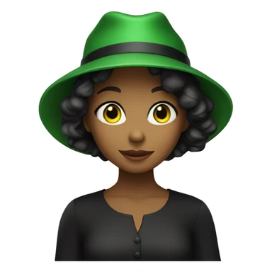 girl in black dress doorway with green hat sticker