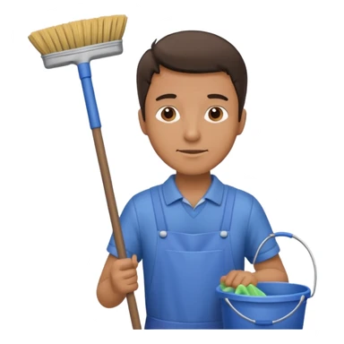 man in cleaning clothes, holding a broom and a bucket sticker