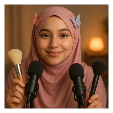ASMR content creator girl, pink hijab with butterfly hairclips on left and right, gentle smile, surrounded by ASMR props sticker