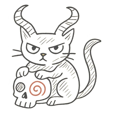 Add a black cat with large, twisted demon horns, front paws on the skull, hand drawn style with dynamic outlines, no fill, preserve the red spiral on the cheek, transparent background. sticker