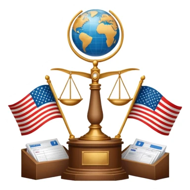 icon featuring podium with a speaker,russian and american flags, and voting ballots. The design includes a globe and scales of justice in the background, representing governance, global affairs, and political theory. Transparent background emphasizes civic engagement and policy. sticker