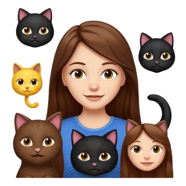 white girl with long brown hair, awake and smiling, cute, with two black cats, emoji style sticker