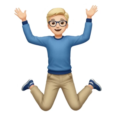 Very excited boy, jumping for joy, full body, eyes closed, wearing glasses sticker