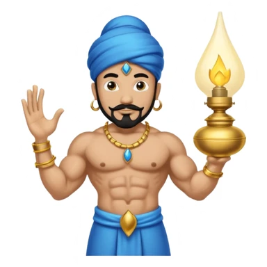 Blue genie with a black goatee and gold bracelets coming out of a lamp from Aladdin  sticker