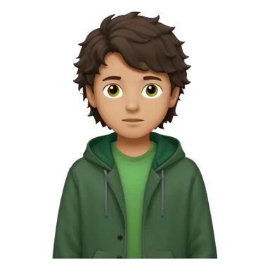 a 14 year old slightly tanned teenage boy with dark brown tousled wavy hair, wearing a green tshirt, with a dark green hoodie overcoat sticker