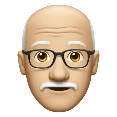 bald white man with a large wrinkled forehead, thin square glasses and a beard connected above and below, always white sticker