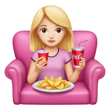 home white girl with plate of chips and soda drink, sitting at the pink sofa sticker
