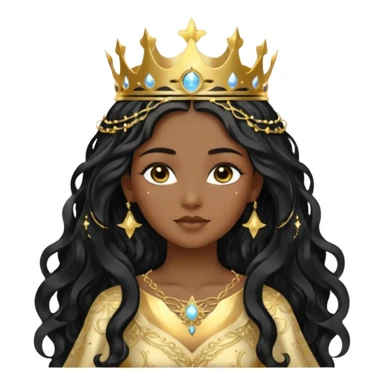 a black beautiful angel with gold pattern on her face and and long wavy black hair, she wears a ethereal crown with sparkling strings and a beautiful sparkling golden gown with moon crest in the middle of the gown, her face calm, gentle and kind, magical aura around her sticker
