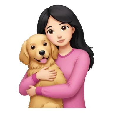 A black-haired, fair-skinned woman in a pink shirt hugs a big golden retriever. sticker