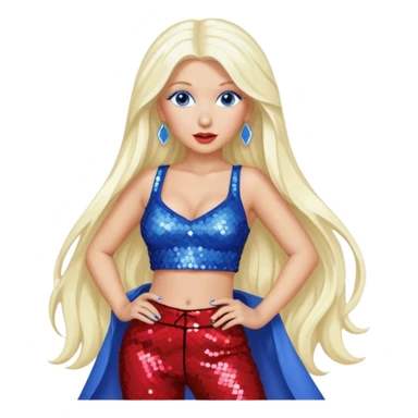 Christina Aguilera with long platinum blonde hair, periwinkle sequin crop top, red sequin pants, blue eyes sticker