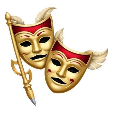 Create a bold and dramatic emoji representing the art of playwriting. The design should feature an open script or a theater playbook, with stylized text lines or dramatic dialogue inside. Include elements like a theatrical comedy and tragedy masks, a stage spotlight, or a writting quill to symbolize creativity and performance. Use deep, contrasting colors like red, black, and gold to evoke the intensity and passion of drama. The overall design should feel dramatic, inspiring, and artistic. Make the background transparent. sticker
