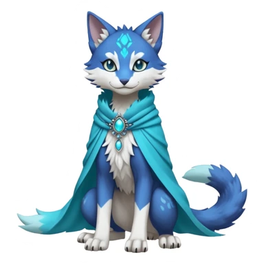 Kawaii cute Indigo Turquoise Grey beautiful pretty elegant divine edgy feline-vernid-sergal-Fakémon-Pokémon-Digimon-fursona-animal-creature, full body, with intricate detailed markings, silken shawl, decorative anklets sticker