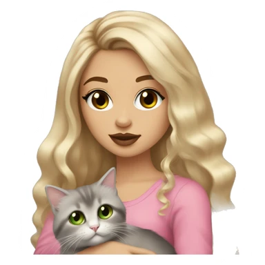 Girl, Blonde colored hair, long hair, Brown Green eyes, wearing false lashes, big pink lips with gloss on it, wearing gold earings, skin tone is Coffee, in her arms Holding a Grey ragdoll cat sticker