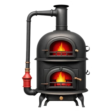 Vintage pot-belly coal stove from early 1900s with chimney pipe, rustic black iron with red glowing coals inside sticker