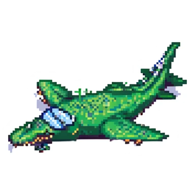 pixel art green crocodile flying next to a cartoon airplane, retro game style sticker