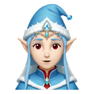Fantasy elf portrait emoji, Santa Claus hat with icy frost edges, thin icy crystal crown with deep red accents under the hat, elegant elven features, cold noble winter expression, icy blue and crimson color palette, minimal clean design, flat readable emoji style, male/female variant
 sticker