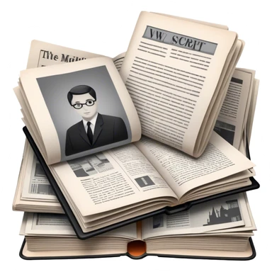 Icon for Non-Fiction & Narrative Reading: an open book with black-and-white photos on the pages, surrounded by a pile of newspaper clippings, and an open folder with top-secret documents. The icon should reflect the blend of real stories and facts in non-fiction literature. Transparent background. sticker