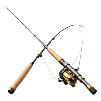 Cinematic Realistic Fishing Rod, sleek graphite rod with a smooth, polished reel, thin line disappearing into a shimmering lake, warm golden sunlight reflecting off the water, glowing with a tranquil and adventurous aura. sticker