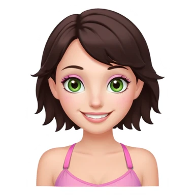 fairy woman, soft green eyes, big eyelashes, dark brown bob, brown cheek freckles, big smile, pink halter top sticker