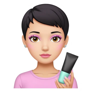 tan girl pink shirt with black hair & a pixie, cut no earrings, doing cute pastel colors skin care sticker