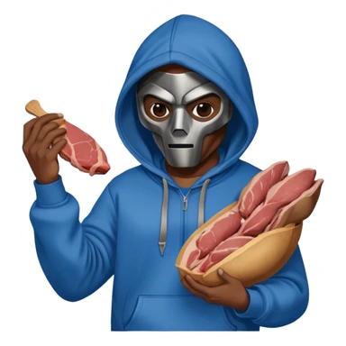 MF DOOM in a blue hoodie holding a piece of meat sticker