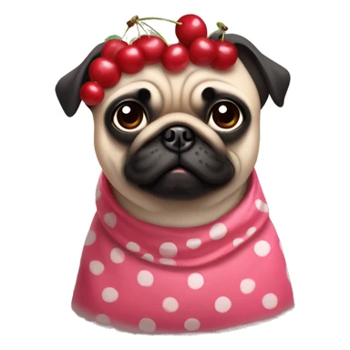 Pug in a cherry costume with headband with cherries on it sticker