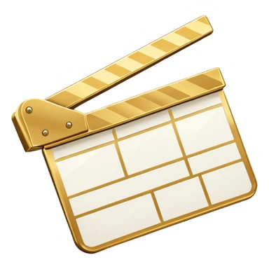 ultra simplified movie clapper with gold and white colors, two simple rectangles with a diagonal line sticker