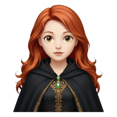 a beautiful woman with long red hair reaching her waist, hazel eyes, and wearing a black cloak sticker
