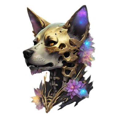 iridescent kintsugi fluffy zombie black brown gold dog fox head zombie skull skeleton gold mechanical nebula galaxy stars colorful flowers fairy lights vintage zombie sticker
