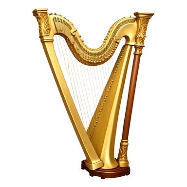 Create a luxurious and elegant emoji representing the LOUIS XV SPECIAL harp by the American manufacturer Lion & Healy. The design should feature the intricate, ornate frame of the harp with beautifully detailed carvings, highlighting the classical Louis XV style. Add golden strings and a subtle glimmer to evoke the high-end craftsmanship. Include delicate accents like musical notes flowing around the instrument to symbolize its melodic sound. Use warm, rich colors like gold, mahogany, and deep wood tones to reflect its luxurious and classical design. The background should be transparent. sticker