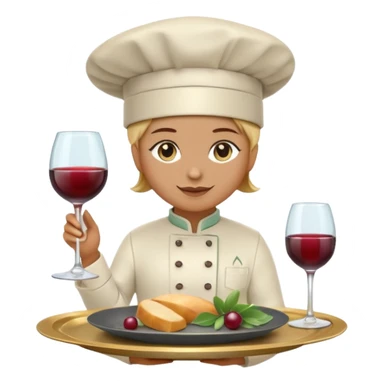 6 luxury catering emojis, 'Epicurea' style: minimalist 3D glassmorphism. Sage, wine, slate colors. Icons: gold chef hat, wine glass, gourmet dish, sparkles, silver tray, 'E' monogram. Clean, professional, transparent BG. sticker
