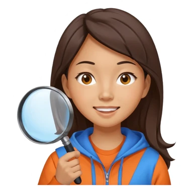A brunette smiling asian woman wearing orange-blue hoodie holding a large magnifying glass and squinting at something to intently sticker